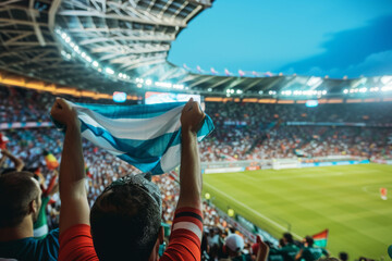 Wall Mural - Football enthusiast waving team flag in crowded stadium