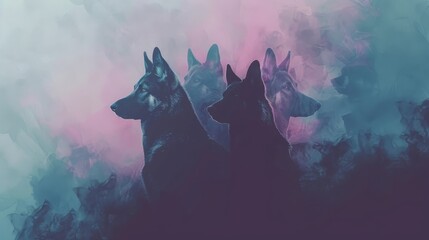 Canvas Print -  A pair of dogs positioned before a smoky, blue-pink sky Two black canines flank the scene