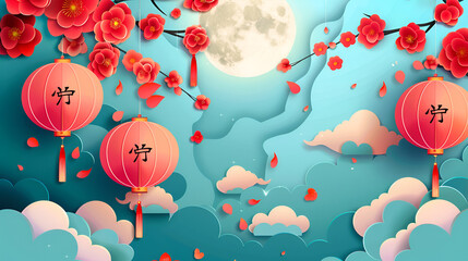 Sticker - Lantern Festival. Red lamps, Flowers, Cloud, Moon, Tang yuan (round dumplings). Traditional Asian style. Calligraphy symbol translation. Lantern Festival. Lantern puzzle. Vector illustration.