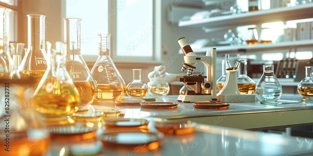 Scientist's Lab: A modern desk filled with beakers, petri dishes, and ...