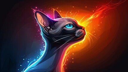 Sticker -  A black cat with blue eyes sits before a red and yellow backdrop A star bursts above its head