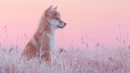  A dog sits in a field of tall grass with a pink sky as its backdrop