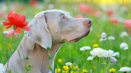 Wall Mural -  A tight shot of a dog amidst a blooming field of red and white flowers, with one red and white flower prominently featured at its center