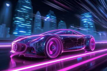 Poster - Digital render of a sleek concept car illuminated by neon in a scifi cityscape