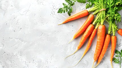 Sticker - Fresh carrots with green leaves on textured background. The image focuses on vibrant and organic produce. Perfect for health, diet, and cooking themes. AI