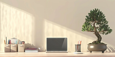 Wall Mural - Japanese Minimalist Desk: A clean desk with a simple laptop, neatly organized stationery, and a small bonsai tree, representing the organizational skills and aesthetics 