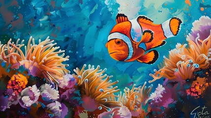 Wall Mural - Underwater fish nature animal illustration water reef background.