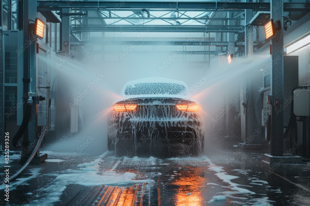 Illuminated rear view of a car in an automatic car wash station, with ...