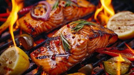 Canvas Print - Grilled salmon served with an assortment of vegetables, sizzling on a flame.

