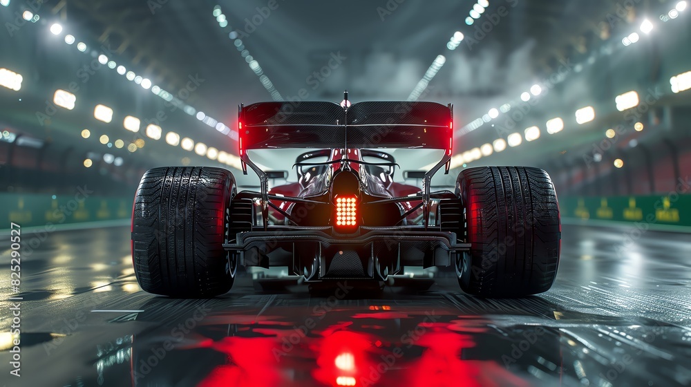 Photorealistic rear view of an F1 car in full throttle, glistening ...