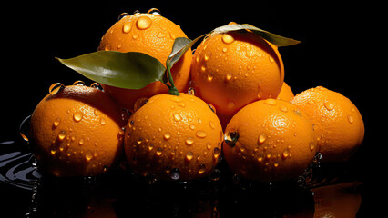 Poster - Fresh Oranges with Leaves and Water Droplets on Black Background