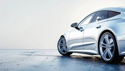 A silver car on white background, profile view Web banner with copyspace Generative AI