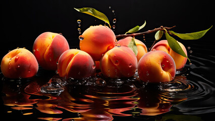 Poster - Fresh Peaches with Water Droplets and Leaves on Black Background

