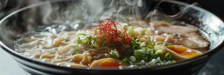 Wall Mural - A bowl filled with noodles and vegetables placed on top of a stove, emitting steam from the rich broth
