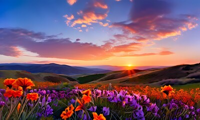 Super bloom blooming spectacularly in northern a riot of colors contrasted against the verda, Ai Generated