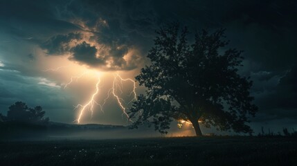 Wall Mural - Lightning strike over a tree in a field during a storm