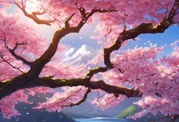 Wall Mural - AI generated illustration of pink flowers blooming with majestic mountains in the backdrop