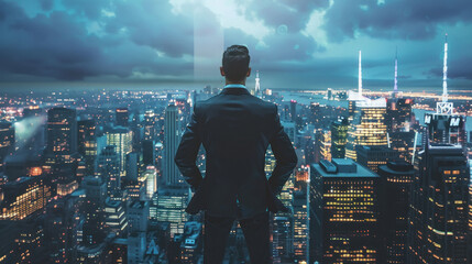 Wall Mural - young businessman looking at city through window