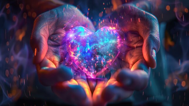 Futuristic Love: Close-Up of Couple Holding Digital Pride Heart with Glowing Holograms