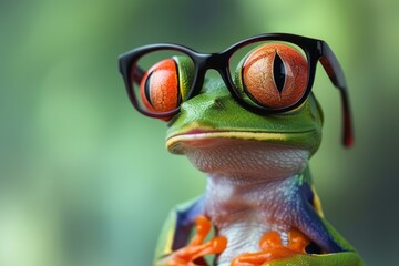 Sticker - Close up of a whimsical and stylish green frog wearing colorful sunglasses, showcasing its trendy and playful personality in a vibrant and eyecatching nature portrait