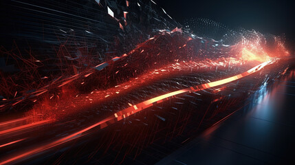 Poster - Abstract technology burst with glowing wires and particles in motion. Technology and science dynamic background.