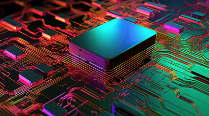 Aufkleber - Abstract motherboard structure with blocks and chips in purple and blue neon lights. Technology background with microchips on hardware circuitboard.