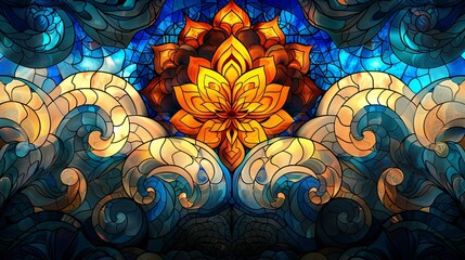 Wall Mural - A stained glass window with a flower in the center and waves in the background