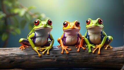 Wall Mural - 3D rendered studio portrait of cute colourful tree frogs on log