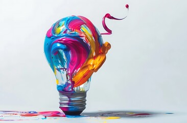 Creative colorful light bulb made of paint on a white background, concept idea and inspiration for a creative design in the style of creativity