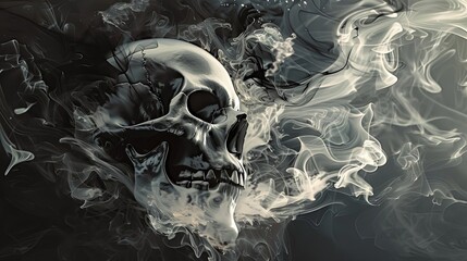 Wall Mural - abstract black and white smoking skull with fire flames and waves digital art