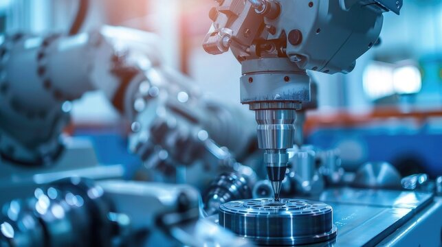 A close-up shot of an industrial robot arm in action, turning on the intricate CNC machine with its tools and disc diamond, creating complex parts for product production in a modern factory