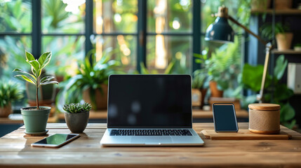 cozy home workspace with blue notebook, laptop, and smartphone on wooden desk, showcasing remote work solution concept