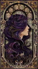 Wall Mural - A woman with long purple hair is depicted in a stained glass window