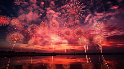 Poster - Evening fireworks over the water. Fireworks in the evening sky