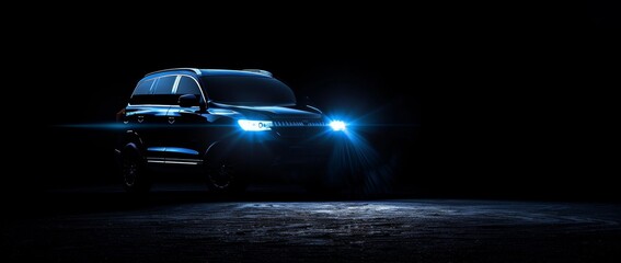 A blue SUV vehicle with its headlights on is illuminated against the darkness, creating an eye-catching effect Generative AI