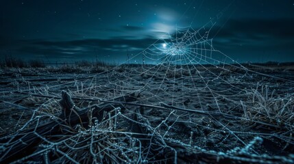 Wall Mural - Night landscape with a moon, stars and a spider web for halloween or fantasy themed designs