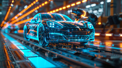 Creative Background, Automated Car Factory Concept, Robotic Arm Building Cars, Blue Glowing Bright Line,generative ai