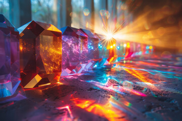Poster - scene of a lens creating a prism effect, with beams of colored light forming a cascade of geometric 