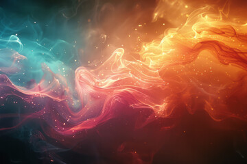 Poster - Abstract portrayal of a lens dispersing light into streams of color that flow like liquid, merging and separating,