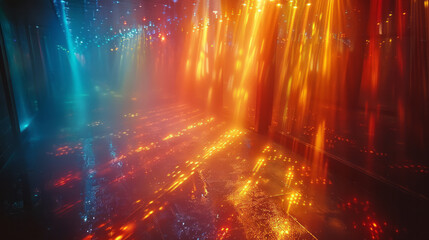Poster - Scene of a lens projecting beams of colored light that form a kaleidoscope of shifting shapes and patterns,