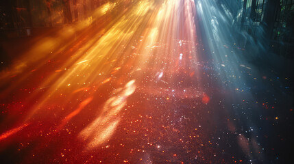 Poster - Scene of a lens projecting beams of colored light that form a kaleidoscope of shifting shapes and patterns,