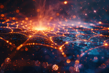 Poster - Artistic rendering of a lens projecting beams of colored light that form a web of interconnected patterns,