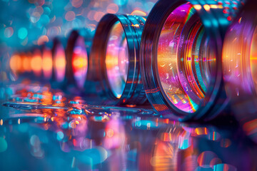 Poster - illustration of a lens creating a rainbow that transforms into a series of layered, abstract forms,