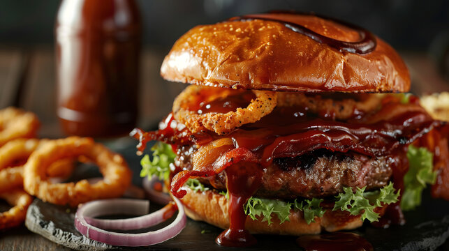 Close up of mouthwatering juicy burger with bacon and onion rings, drizzled in barbeque sauce on dark wooden table.