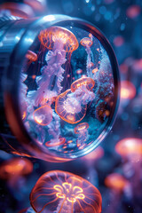 Poster - Artistic depiction of a lens revealing an underwater world filled with glowing jellyfish and fantastical sea creatures,