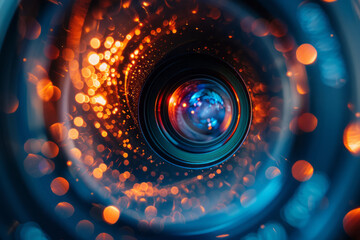 Poster - Illustration of a lens at the center, emitting swirling trails of light that resemble moving particles of energy,