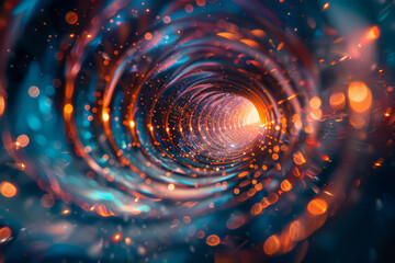 Poster - Illustration of a lens at the center, emitting swirling trails of light that resemble moving particles of energy,