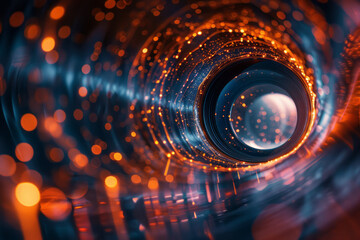 Poster - Artistic depiction of a lens surrounded by radiating lines that create a sense of pulsating energy waves,