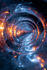 Poster - Abstract image of a lens generating a vortex of light and shapes, simulating a whirlwind of kinetic force,