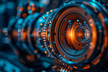 Poster - Illustration of a lens projecting beams of light that form intricate, rotating gears and cogs, symbolizing mechanical energy,